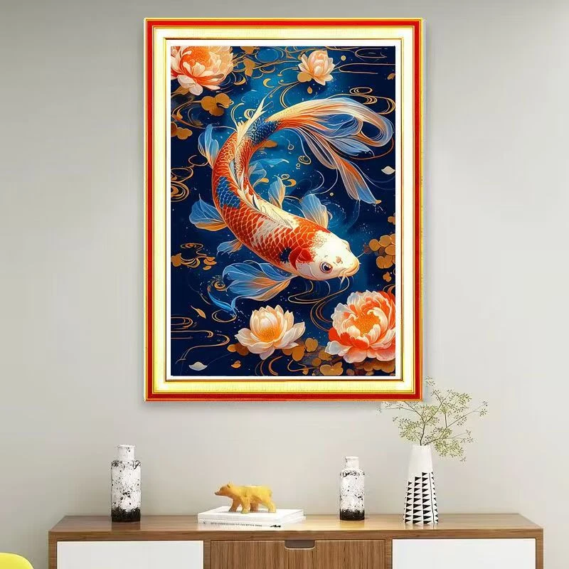 十字绣【招财锦鲤】新款年年有余七彩锦鲤满绣玄关卧室棉线绣