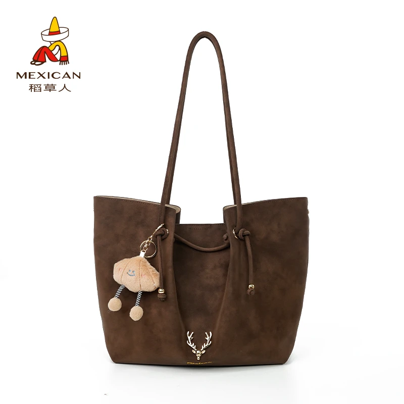 稻草人2024冬季新款时尚休闲百搭女士小众简约单肩丹霞棕托特包*