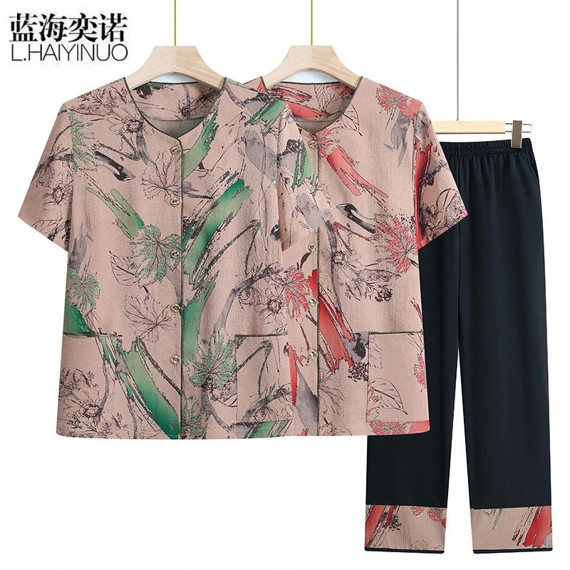 蓝海奕诺中老年妈妈装夏季大码宽松时尚洋气休闲薄款印花两件套