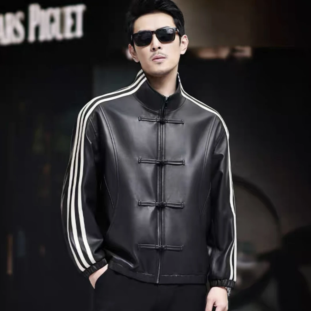 三条杠海宁真皮男士新中式复古风夹克羊皮休闲外套运动国风皮衣新