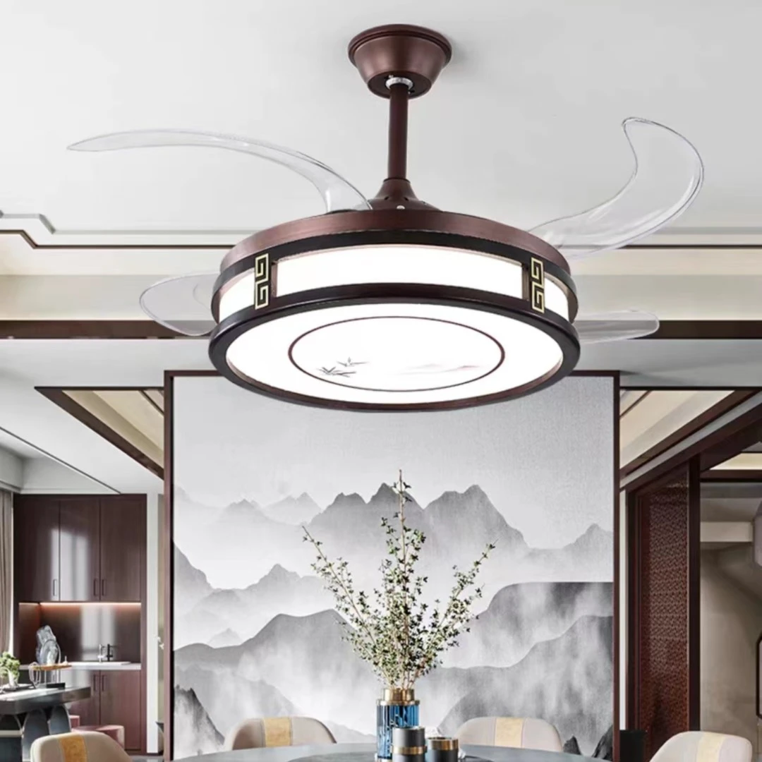 新中式隐形风扇灯实木LED灯具2023年新款胡桃木色客厅餐厅吊灯