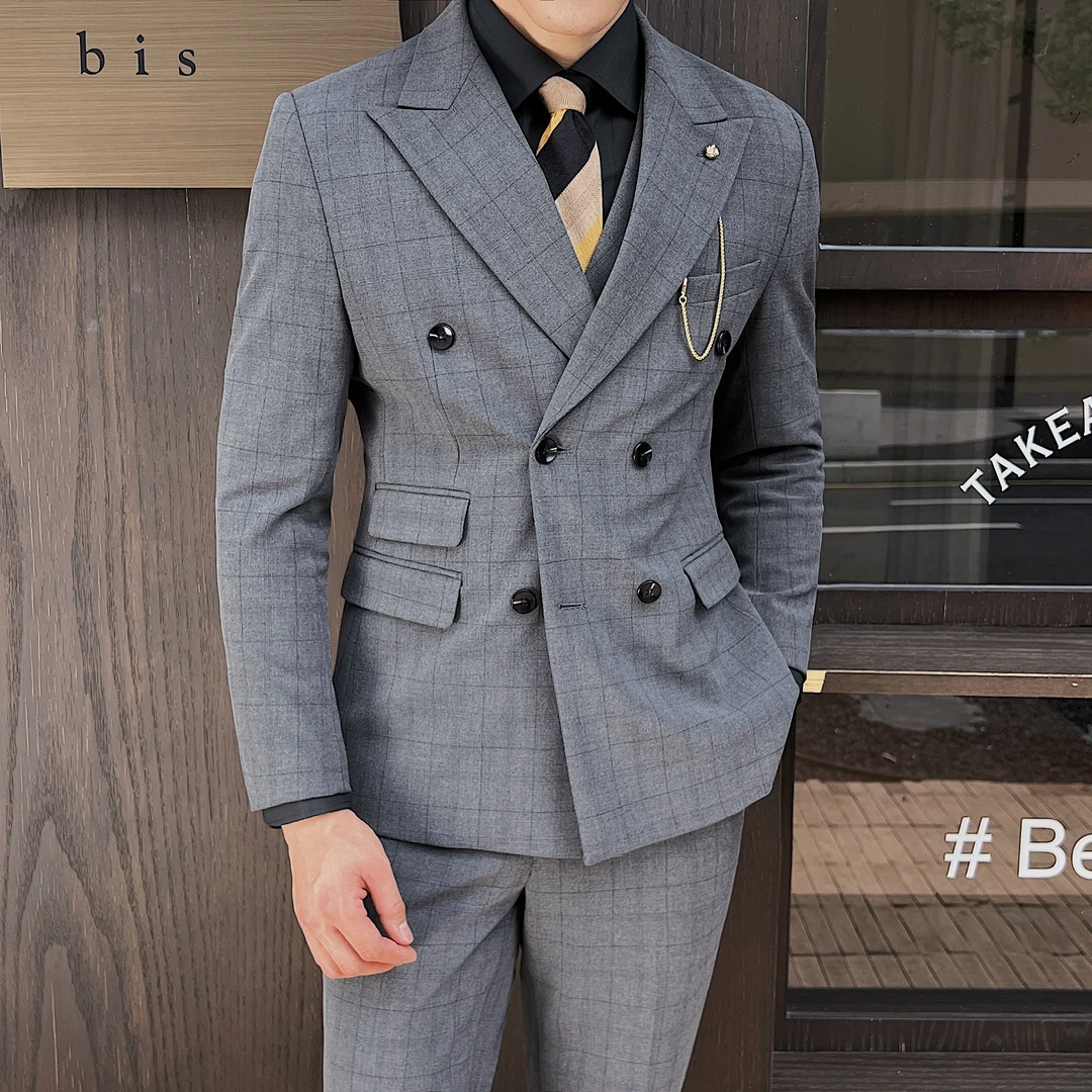 双排扣格子西服套装男戗驳领帅气西服男士休闲西装韩版结婚套装
