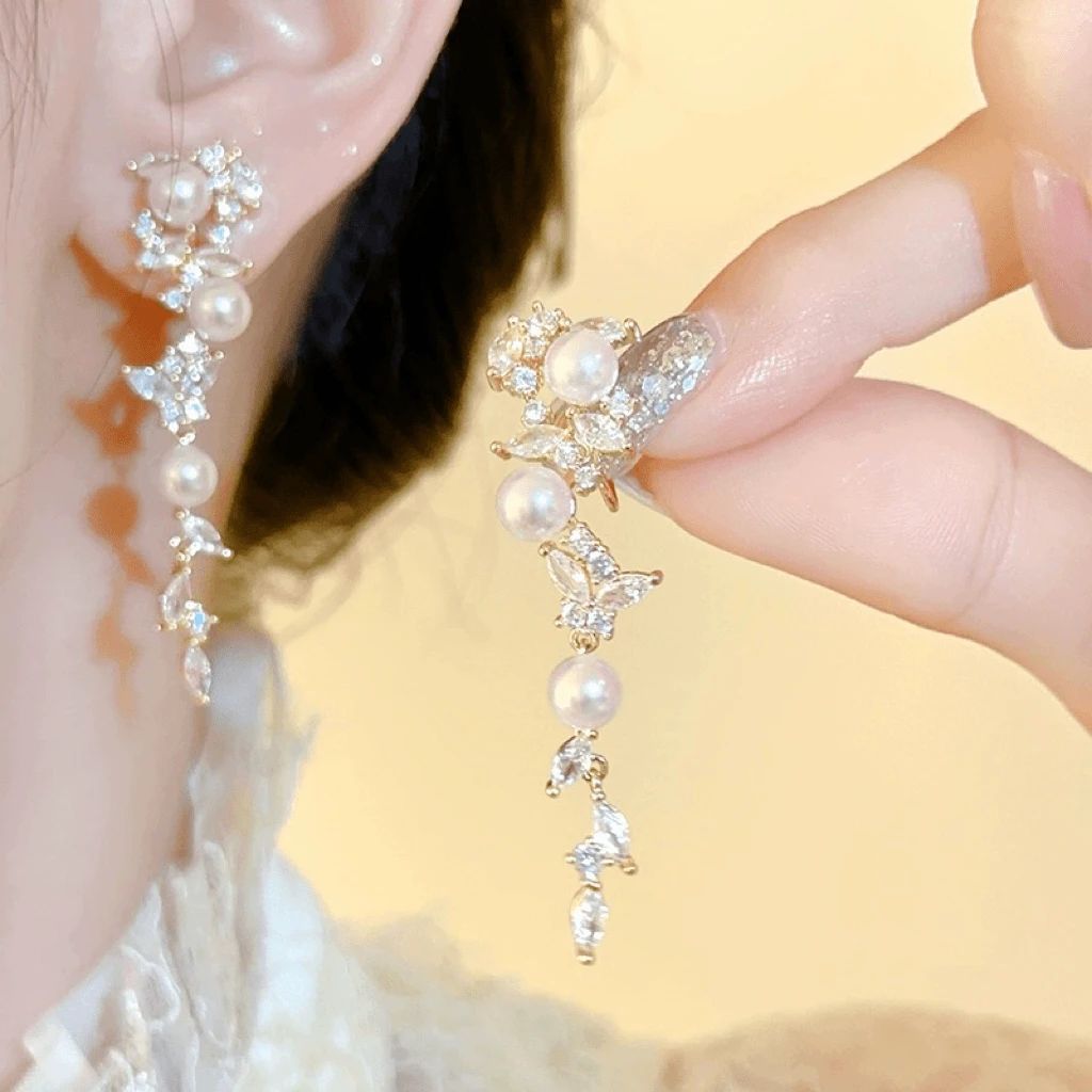 铜合金耳饰 星河法式轻奢长款锆石重工时髦宴会气质蚊香盘耳夹