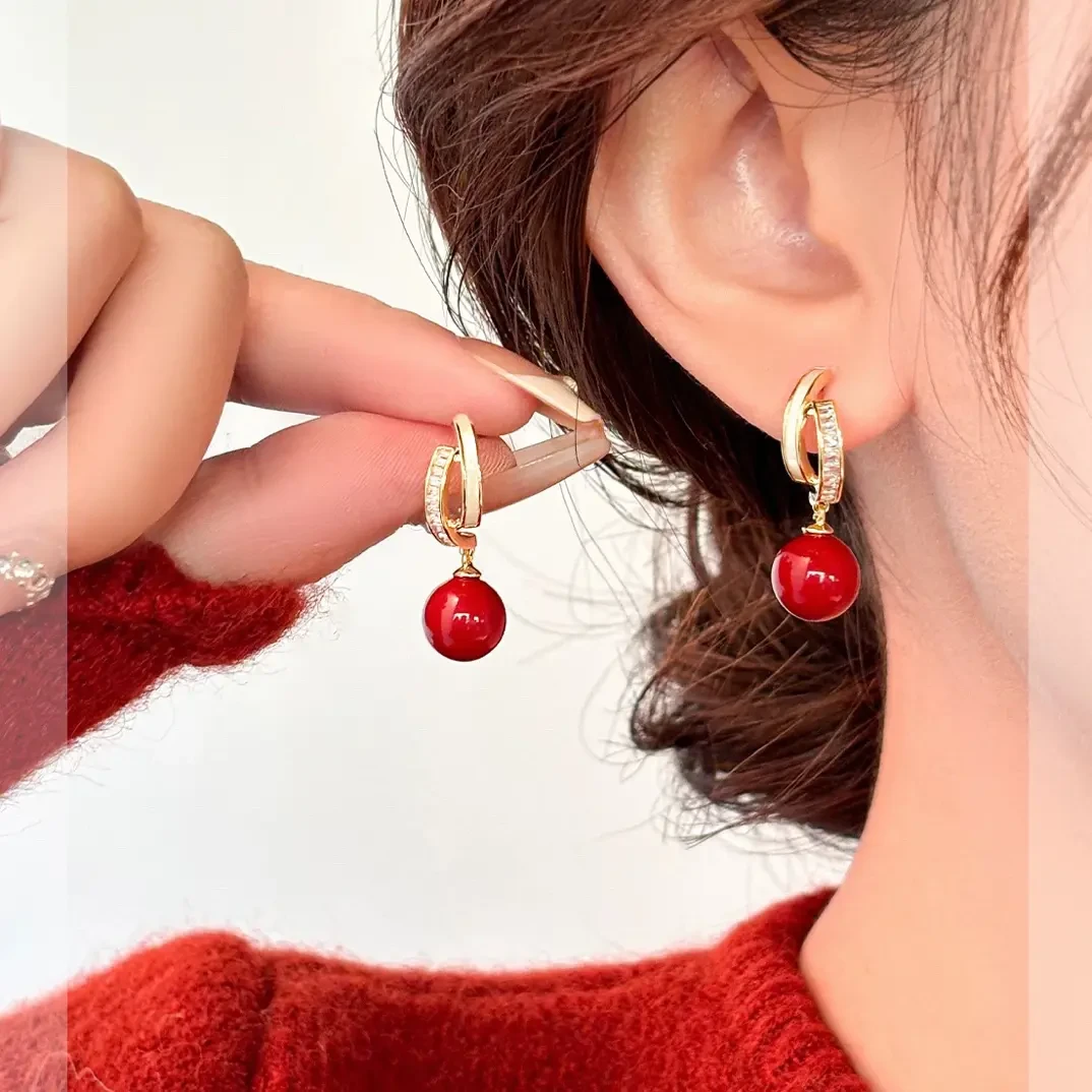 铜合金耳饰 新年红色仿珍珠耳环女2024滴釉耳夹无耳洞耳钉秋冬