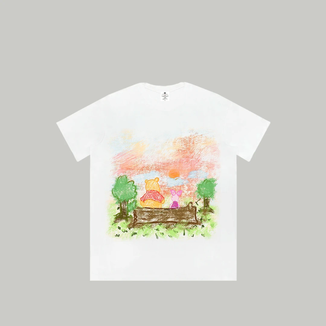 【蜡笔画小伙伴】新品潮流透气宽松T恤白色休闲情侣个性印花1