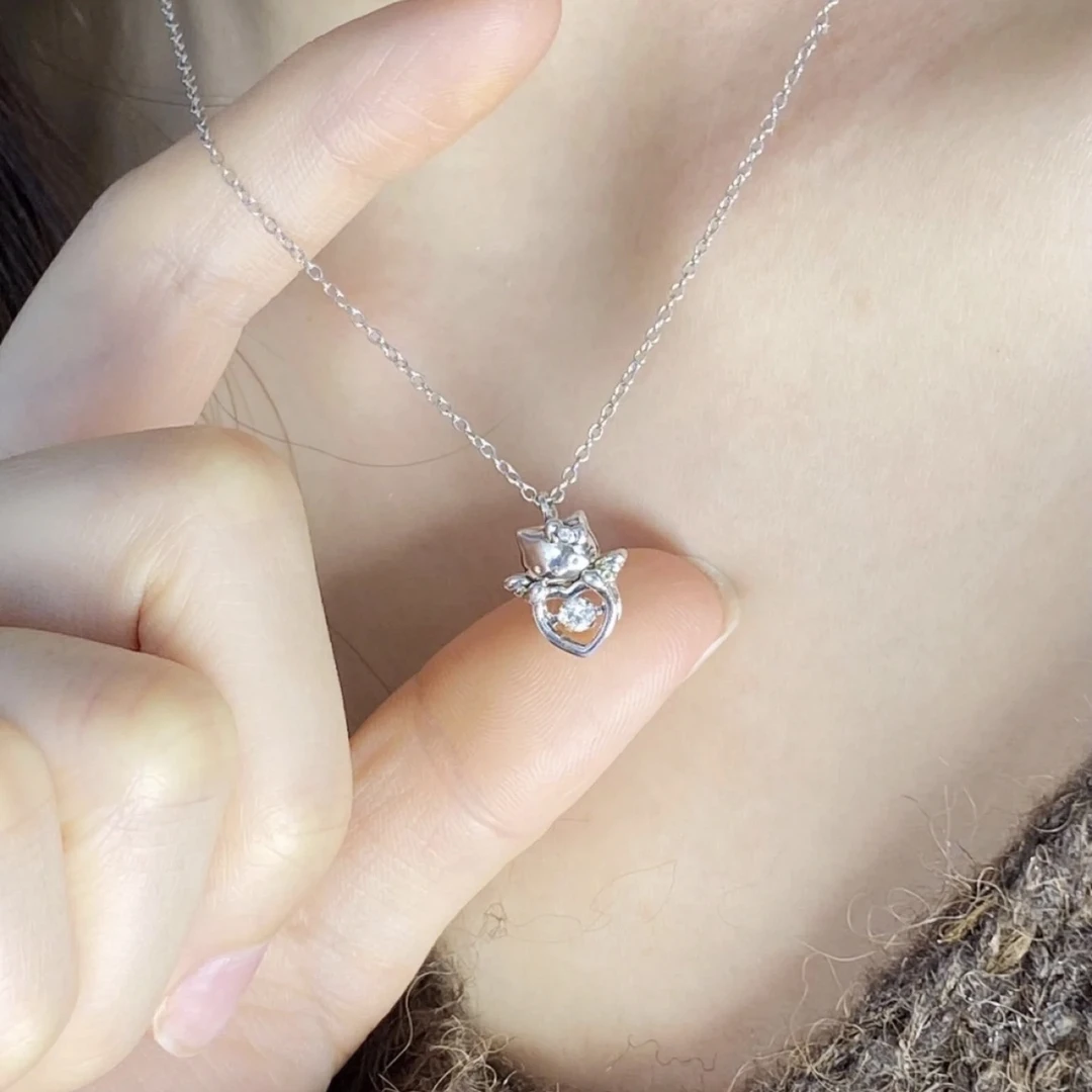坠链均足银合成锆石 足银Kt猫灵动的心纯银项链可爱百搭少女