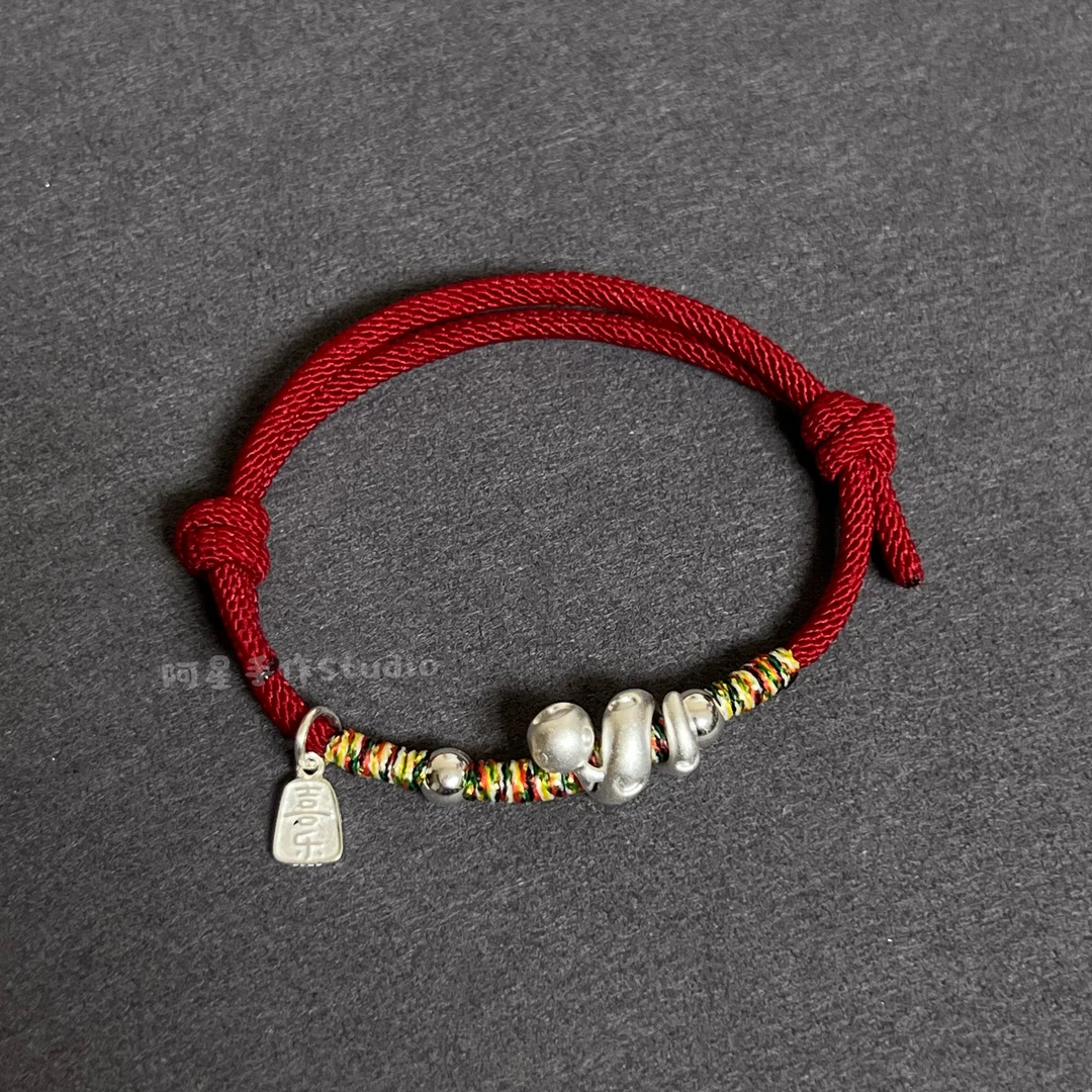 足银布艺手链 999卷卷蛇本命年纯银新年红绳情侣闺蜜简约手链