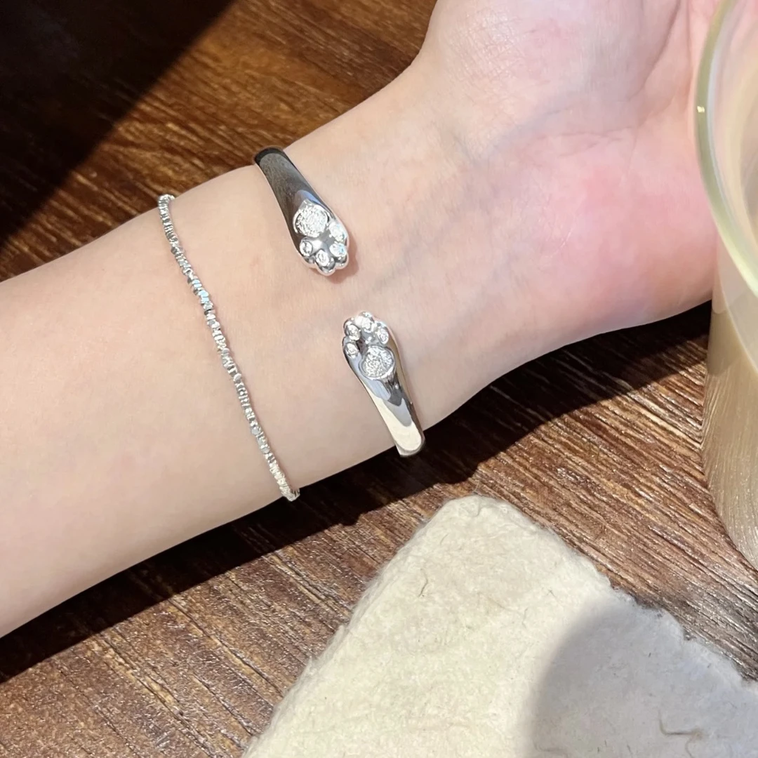 足银手镯 足银999.9猫爪开口纯银手镯古法亮面同款戒指简约百搭