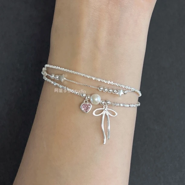 足银仿珍珠手链 足银990蝴蝶结爱心碎银子满天星手链