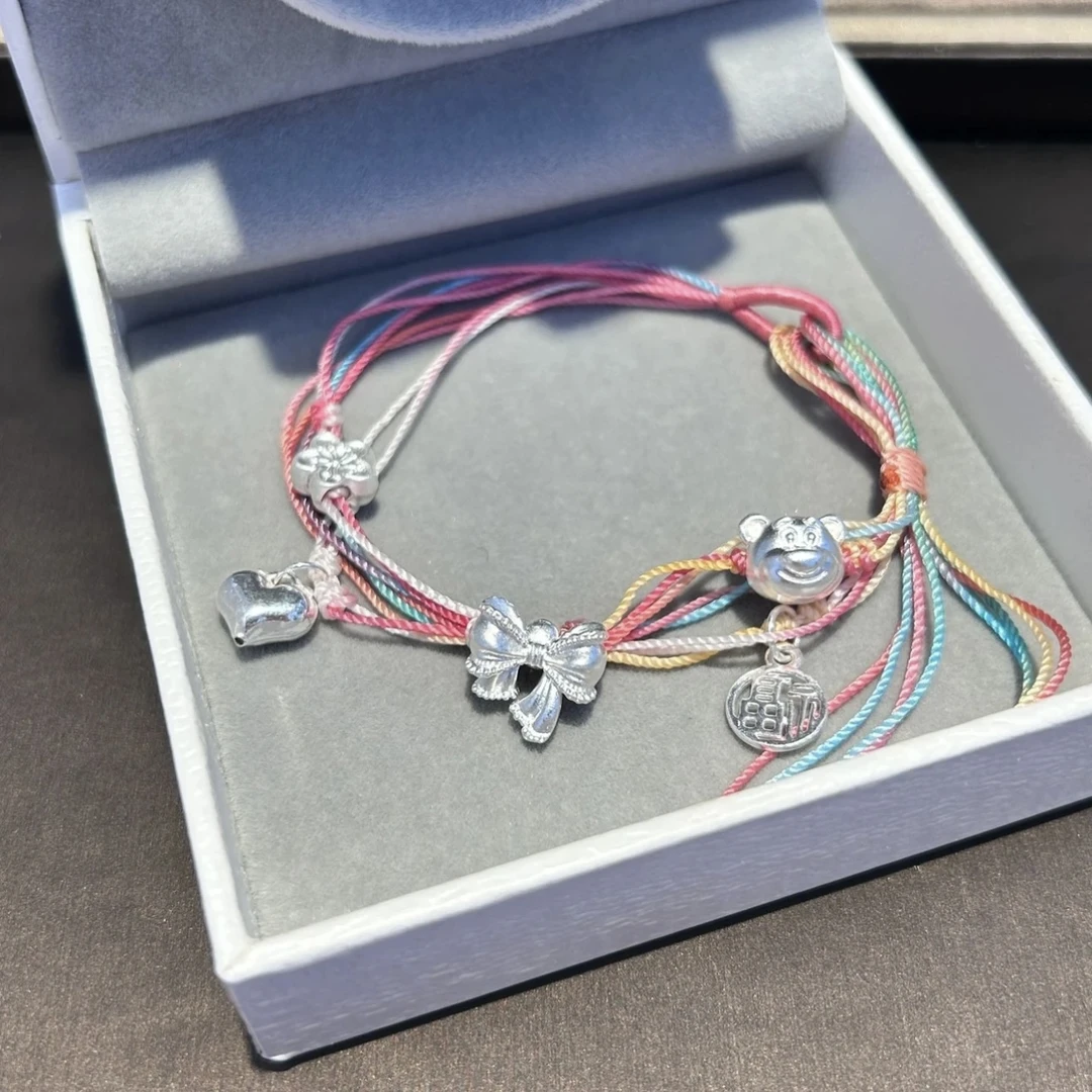 足银布艺手链 足银999蝴蝶结草莓熊五彩多彩手绳多巴胺女孩