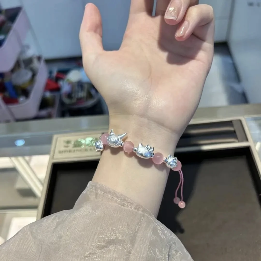 足银仿水晶手链  足银999半镯半链三丽鸥kt猫草枚熊库洛纯银手链