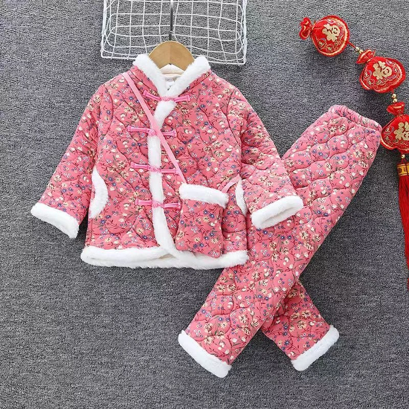 东北大花袄加厚宝宝花衣女童手工花袄民族风儿童拜年服套装TD