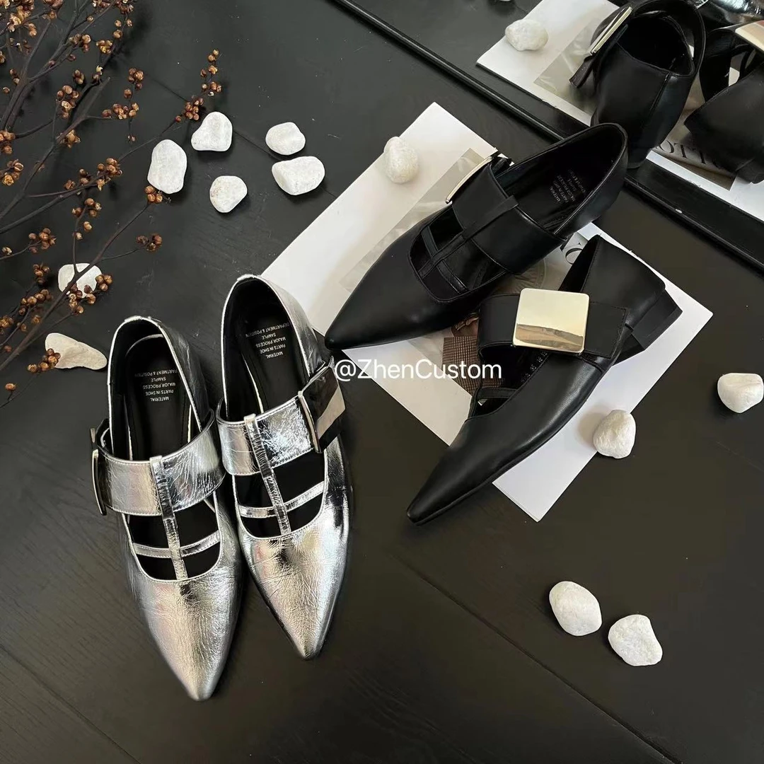 【摩登时代】2/4cm -ZHEN-真皮精致帅气小众气质银色尖头单鞋