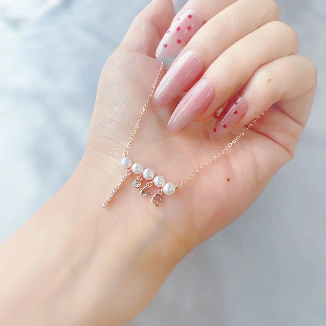 坠链均925银仿珍珠 【荣邦】S925银时尚love小众项链七夕送女友款