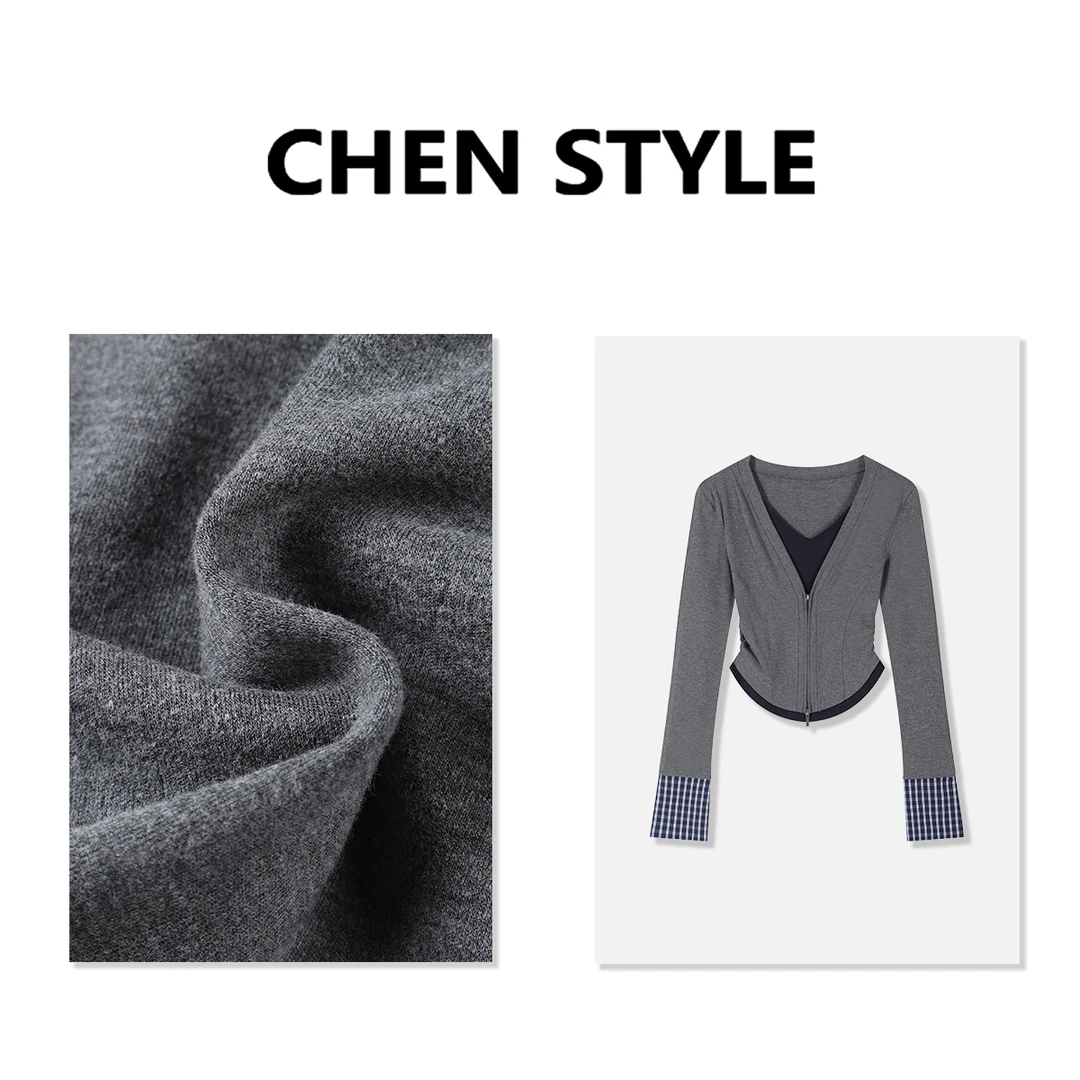 楚楚君~【细腰诱惑】T84719加厚设计感假两件V领手袖拼格长袖上衣