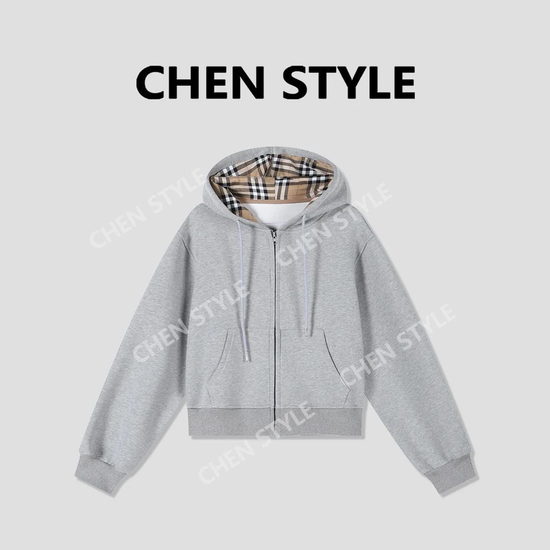 楚楚君~【加厚卫衣】WT82140连帽内衬拼格拉链口袋卫衣外套