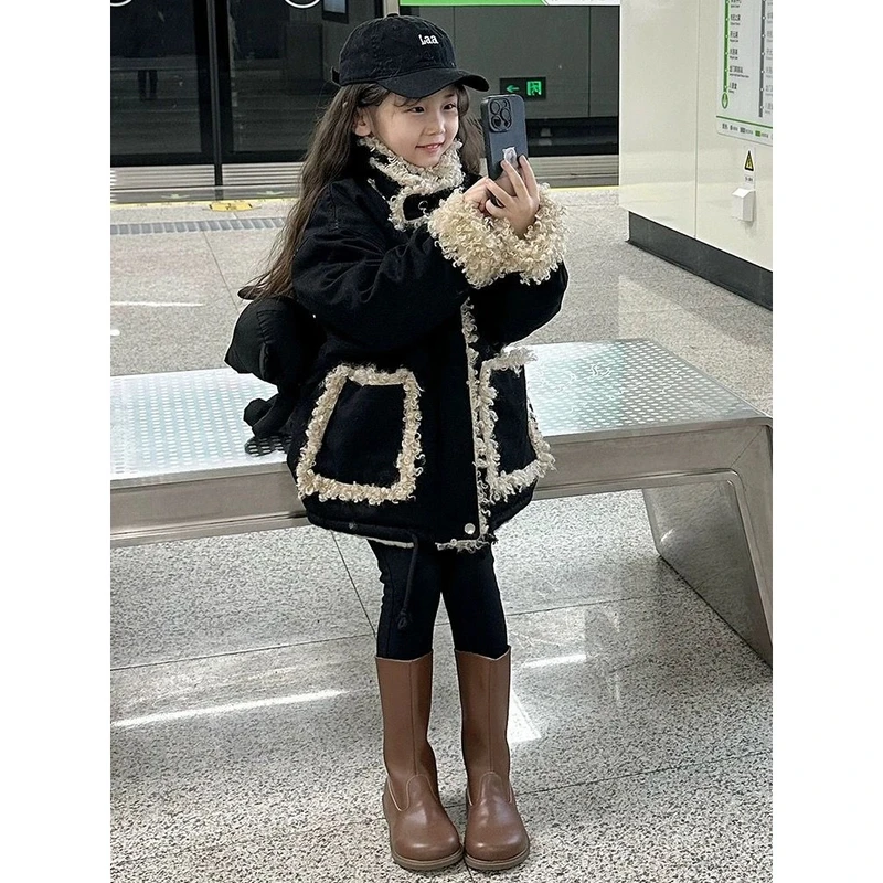 女童加绒外套冬装2024新款洋气儿童派克服秋冬款加厚羊羔毛上衣潮