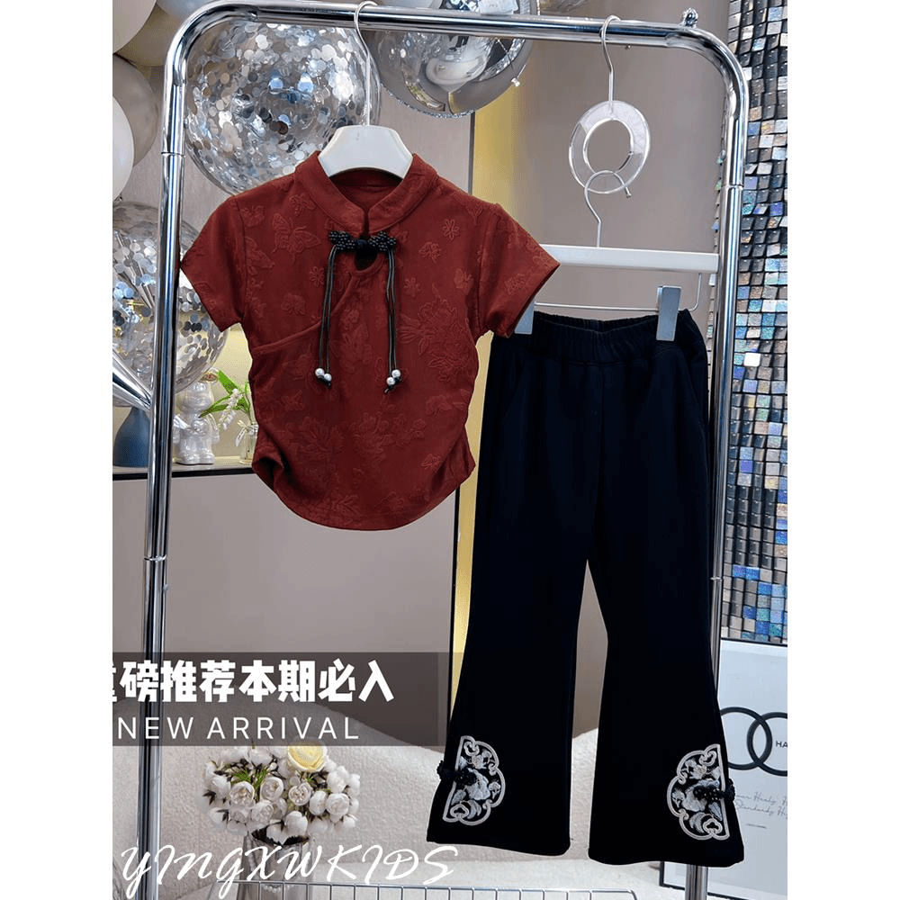 女童套装国风衬衫2024新款小女孩新中式短袖旗袍古风微喇裤两件套