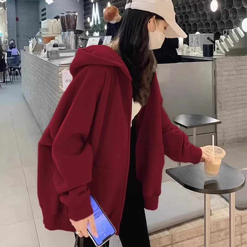 山东即墨酒红色秋冬季加绒卫衣宽松连帽拉链开衫外套女春秋款