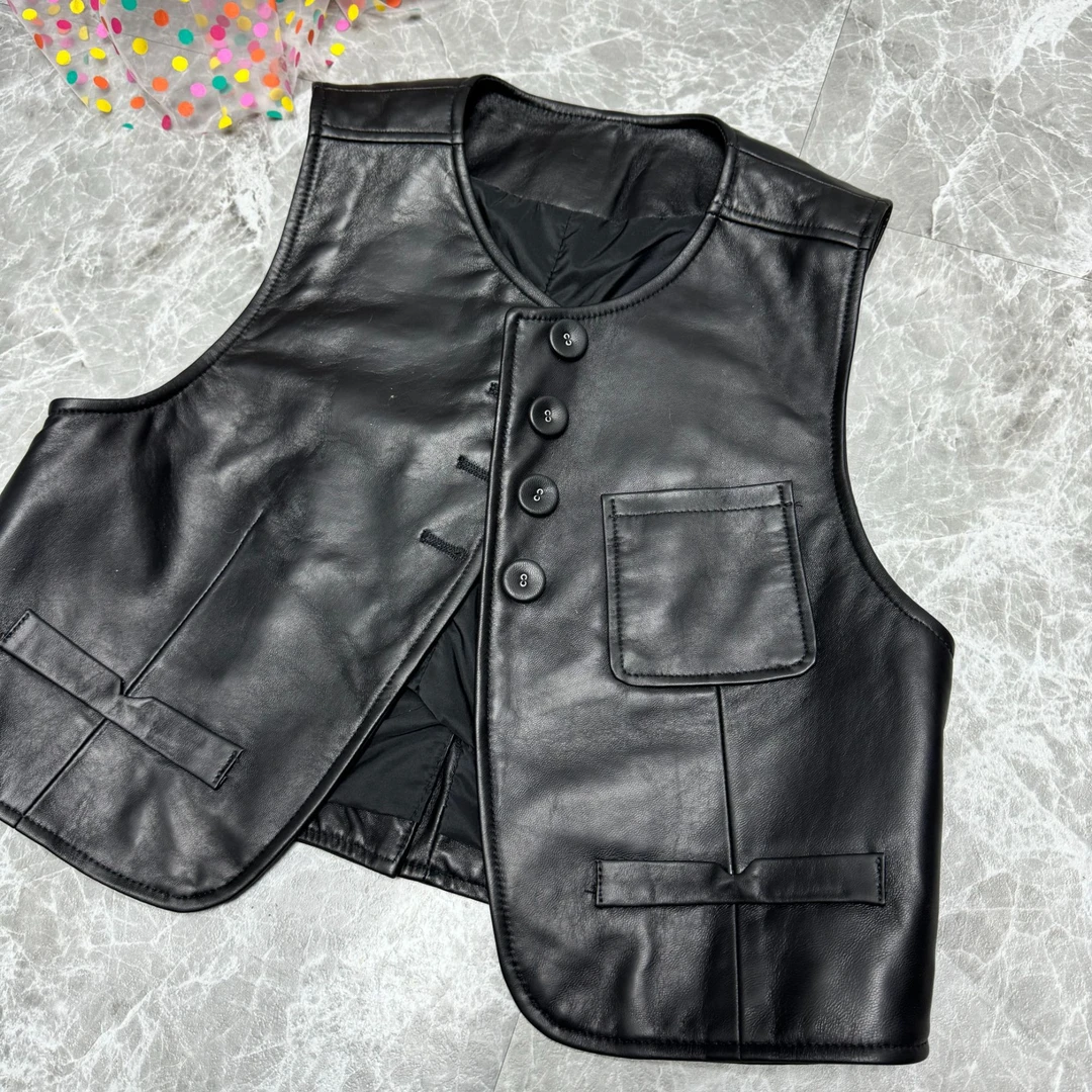 【Darley推荐】欧货秋季网红同款女士羊皮马甲无袖皮衣外套马夹坎肩