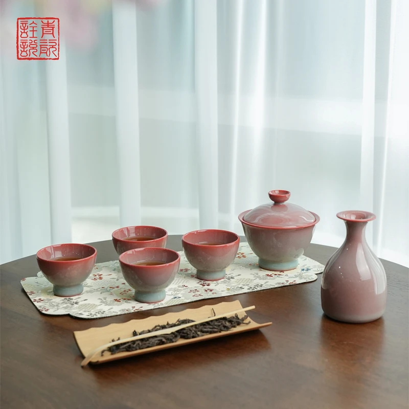 青瓷诠说龙泉青瓷 弟窑桃夭盖碗套组（珊瑚红）茶器高档礼盒装茶杯