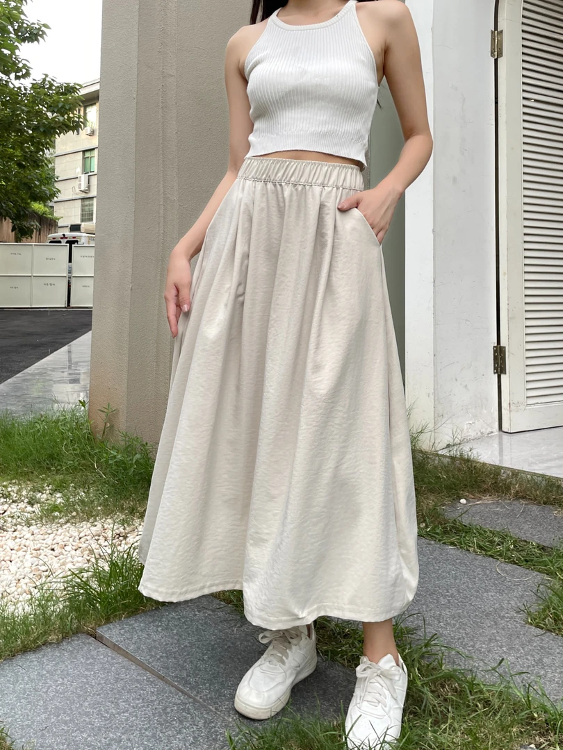 【可防晒不缩水】夏季复古港风褶皱半身裙女高腰中长大摆伞A字裙子