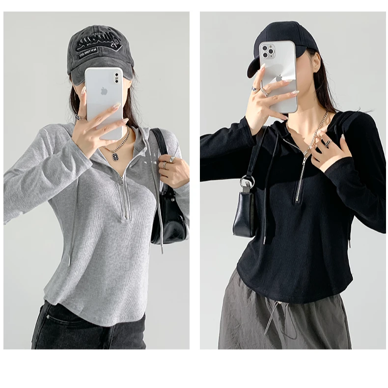 2025收腰弧形下摆半拉链连帽卫衣女2024年秋季高级感灰色运动Z
