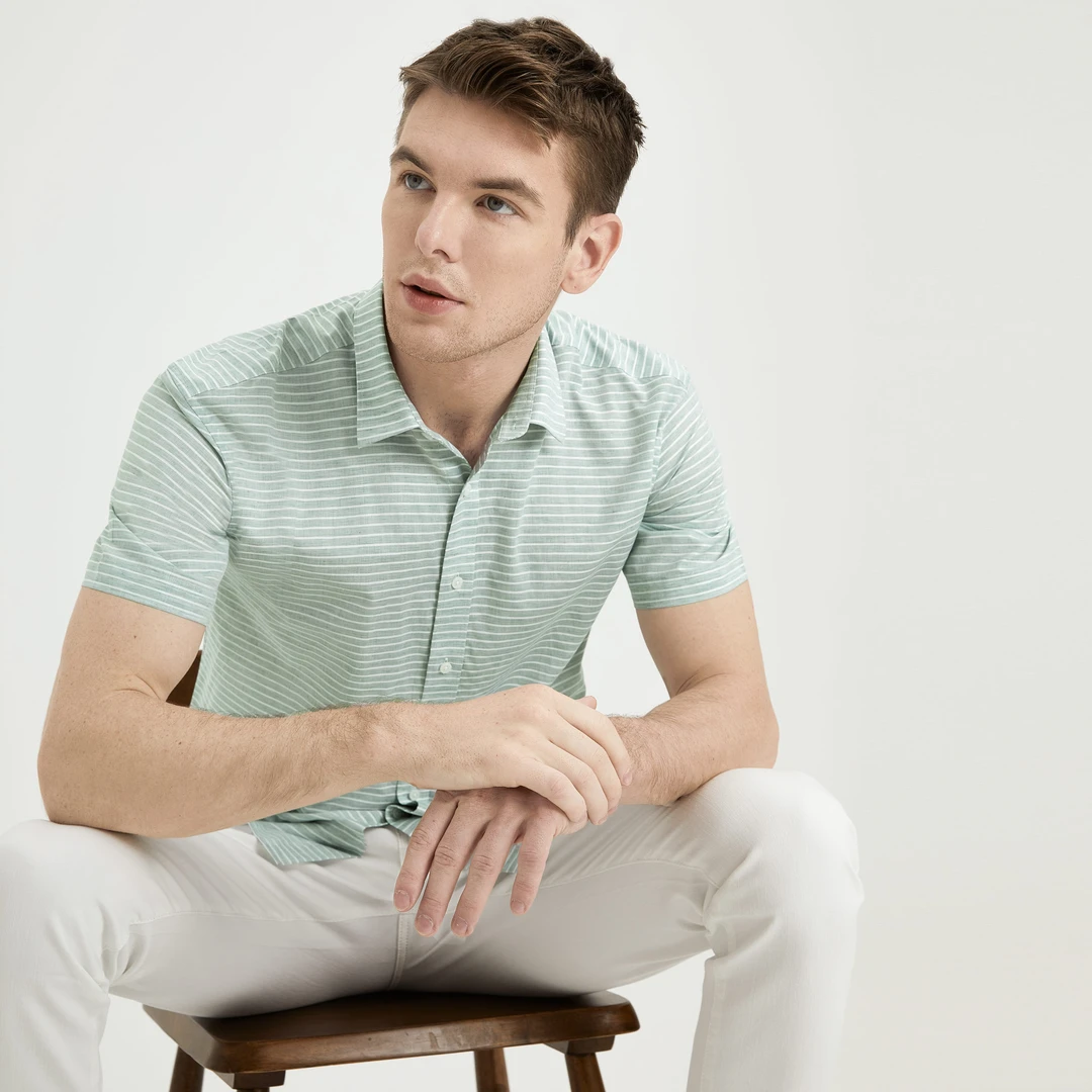 第五季时尚舒适棉麻衬衫横条纹男短袖衬衫修身款夏季复古休闲衬衣