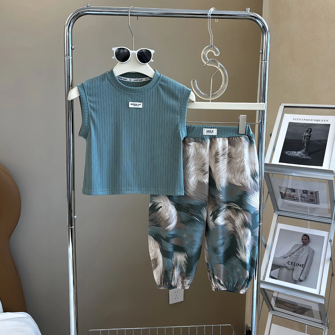 儿童背心套装夏季新款薄款时尚个性无袖上衣长裤男女宝同款两件套