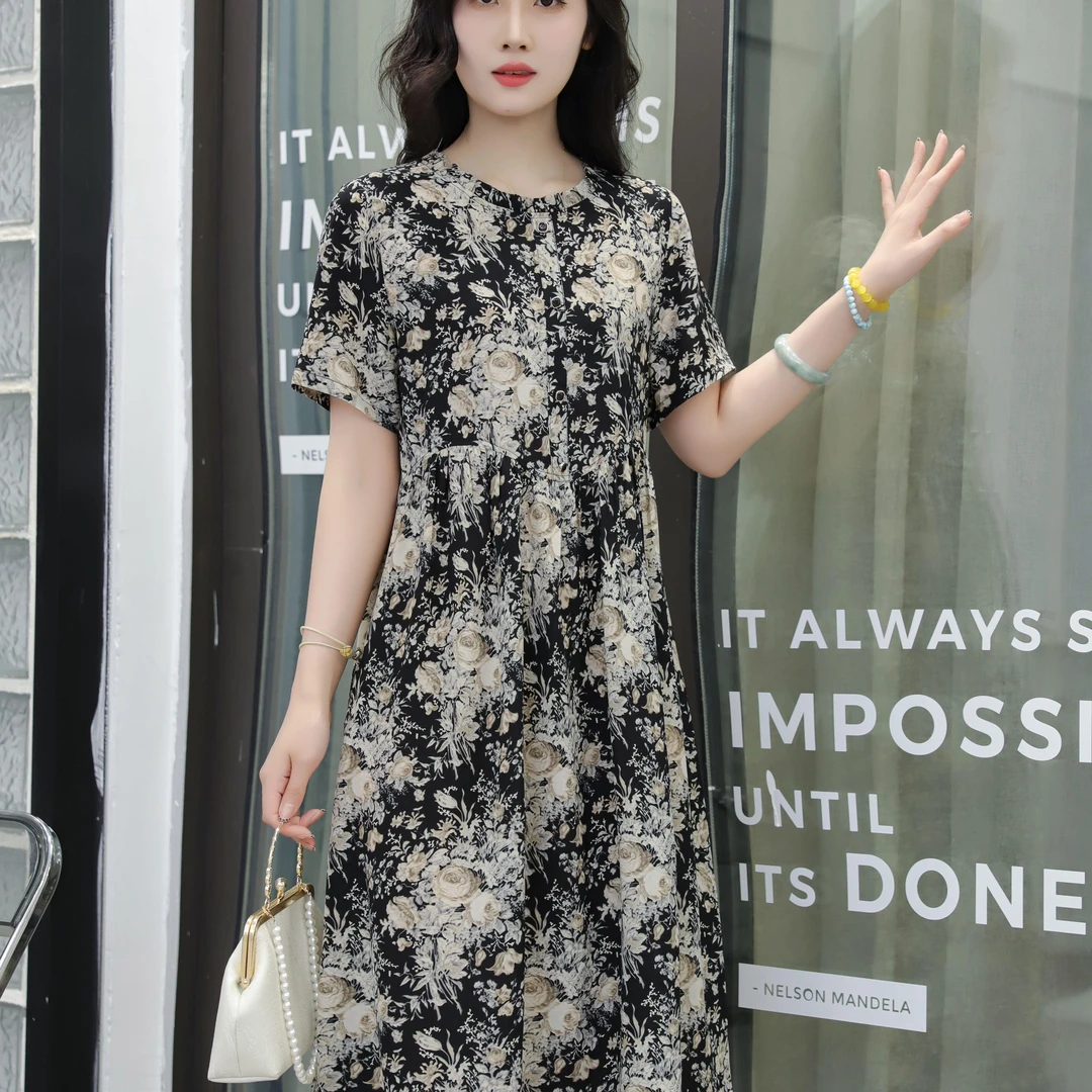 夏季新款木耳领柔软透气短袖连衣裙宽松连衣裙女装碎花K3510#