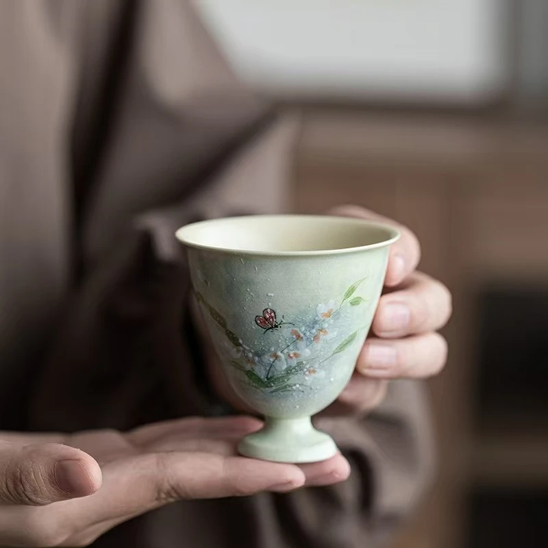 手绘粉引文心兰初晴品茗杯陶瓷高雅茶具
