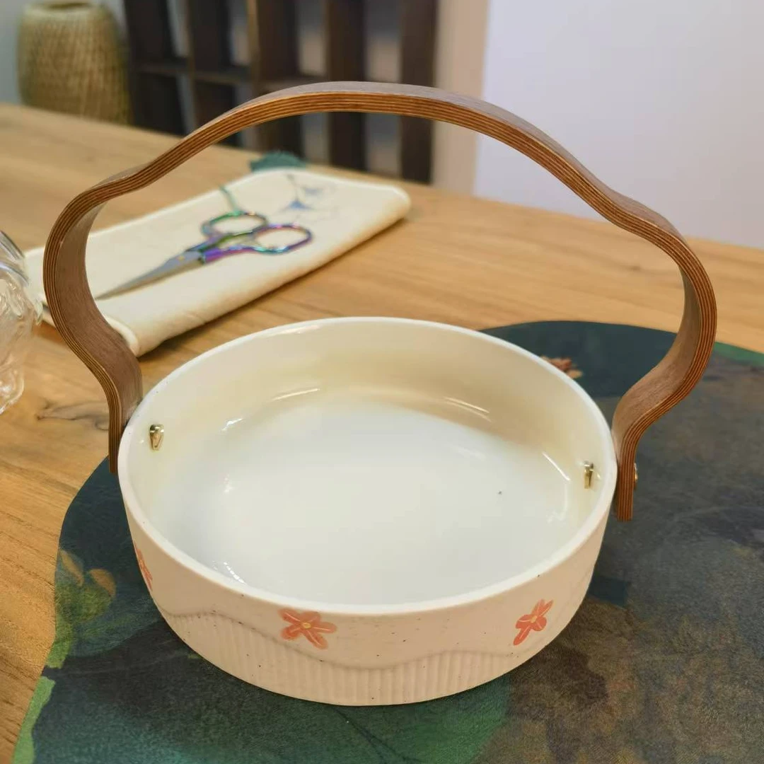 粉引手工刻绘喇叭花小提篮陶瓷茶具