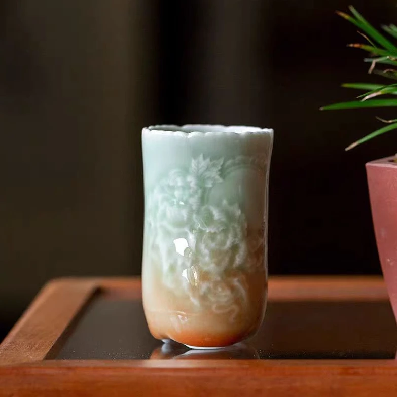 青染青瓷刻花渐变色花纹闻香杯陶瓷茶具茶杯