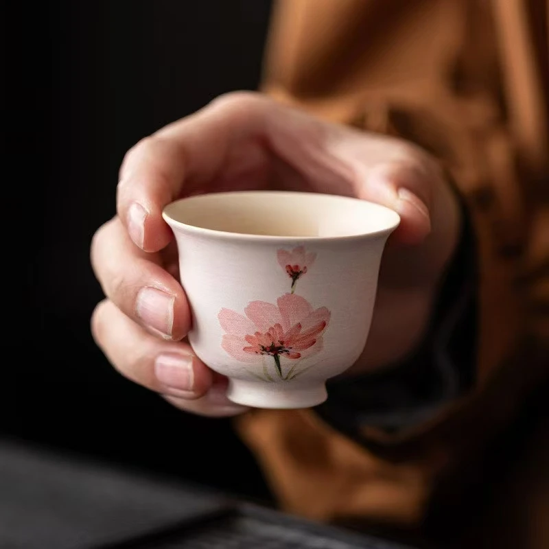 手绘粉引虞美人玉兰杯陶瓷茶具