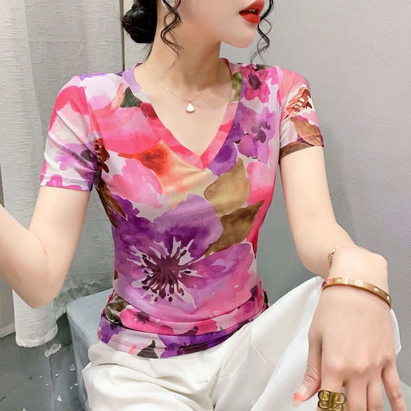 显瘦V领短袖夏季网纱印花韩版圆领打底衫女上衣小衫洋气修身半袖
