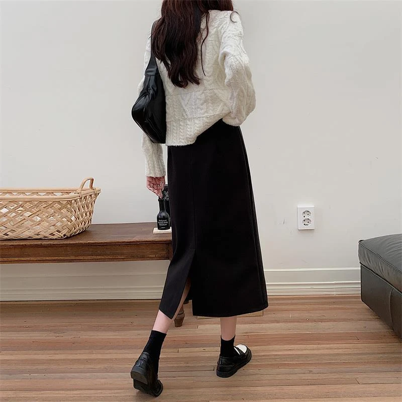 毛呢半身裙女秋冬新款大码高腰a字显瘦小个子中长百搭开叉包臀裙
