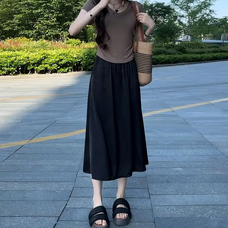 大码垂感时尚半身裙女夏季薄款女装高腰显瘦遮胯松紧腰开叉A字裙