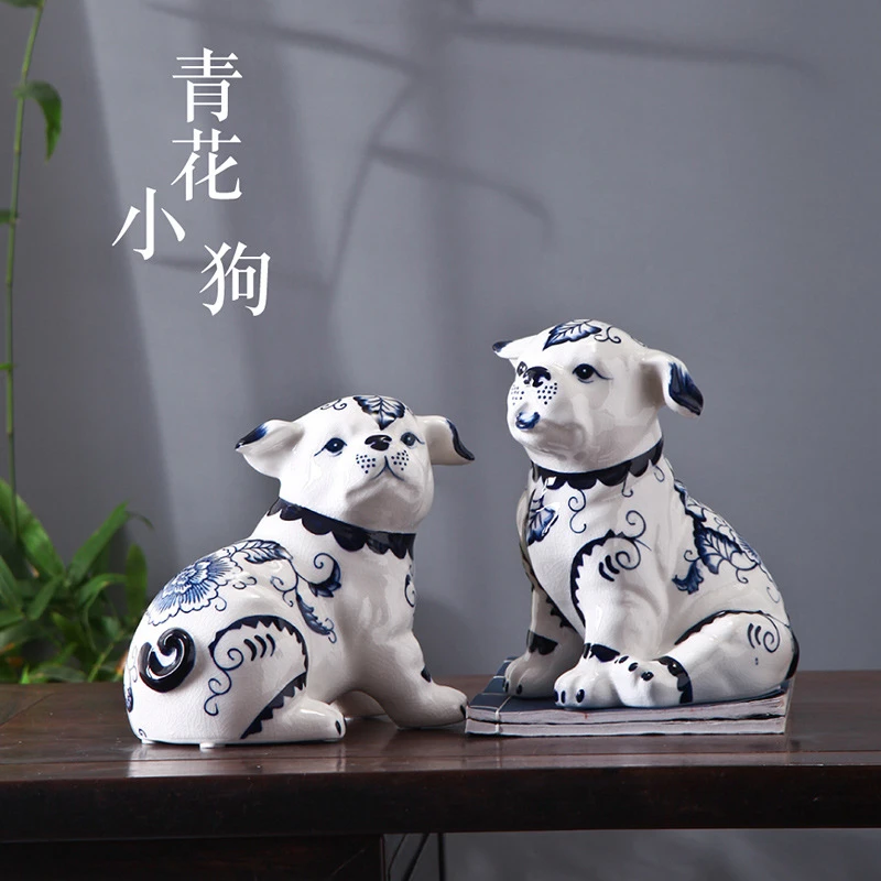 可爱中式青花瓷动物摆件小狗陶瓷摆件玄关书房手工摆设装饰品礼物
