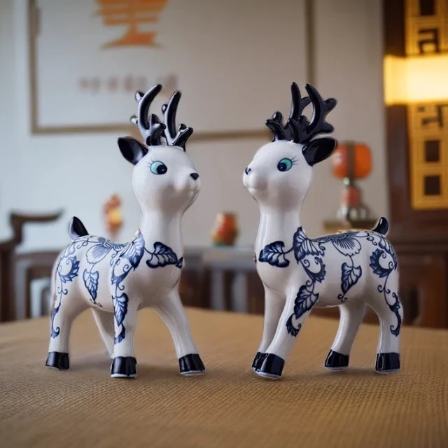 情侣小鹿陶瓷摆件书房客厅电视柜摆件送礼一对家居摆饰陶瓷工艺品