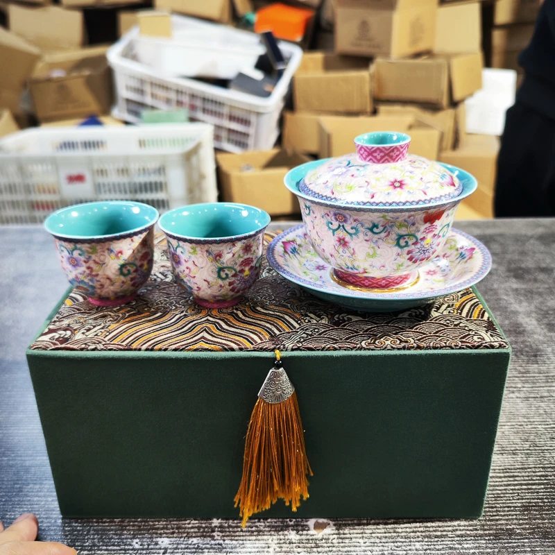 寻也造物珐琅彩元宝三才盖碗+2杯