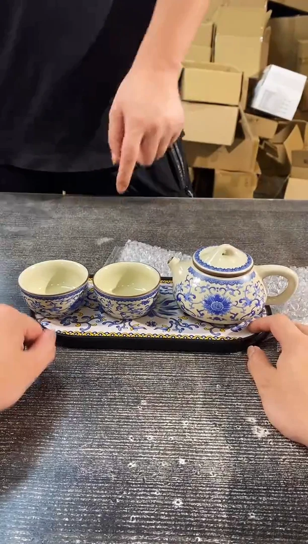 【闪购商品】其他青花缠枝莲石瓢壶+2杯+活性炭吸水茶盘