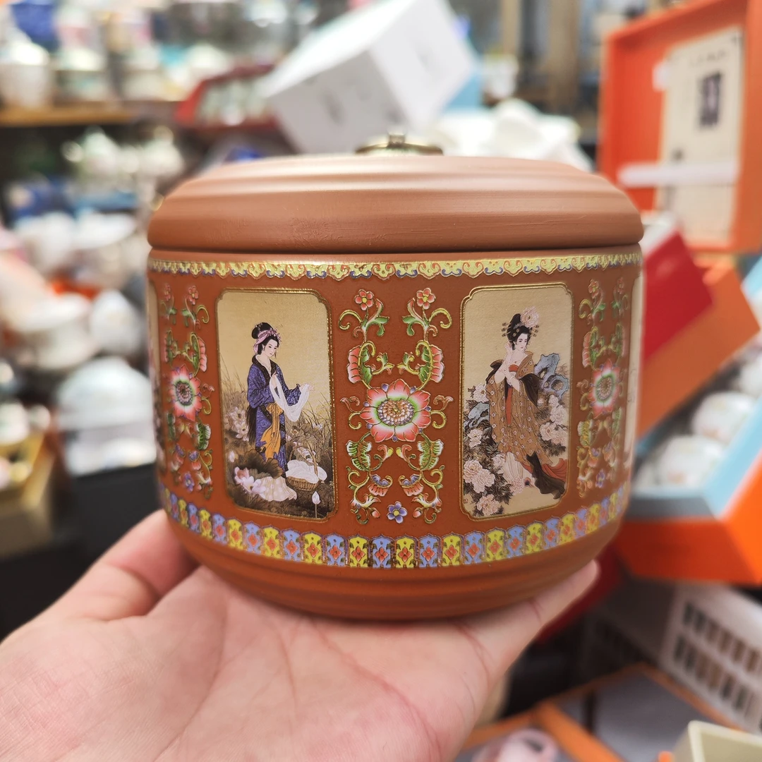 朱泥紫砂仕女图大容量茶叶罐茶饼罐