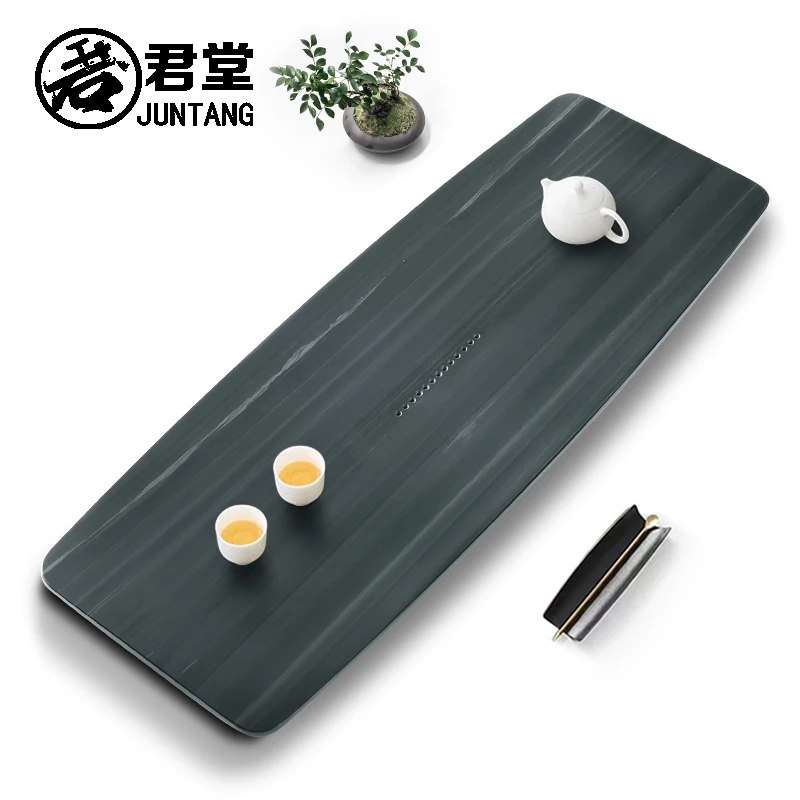 君堂皇庭玉石茶盘家用简约天然绿纹石头办公整块小号排水茶具茶台