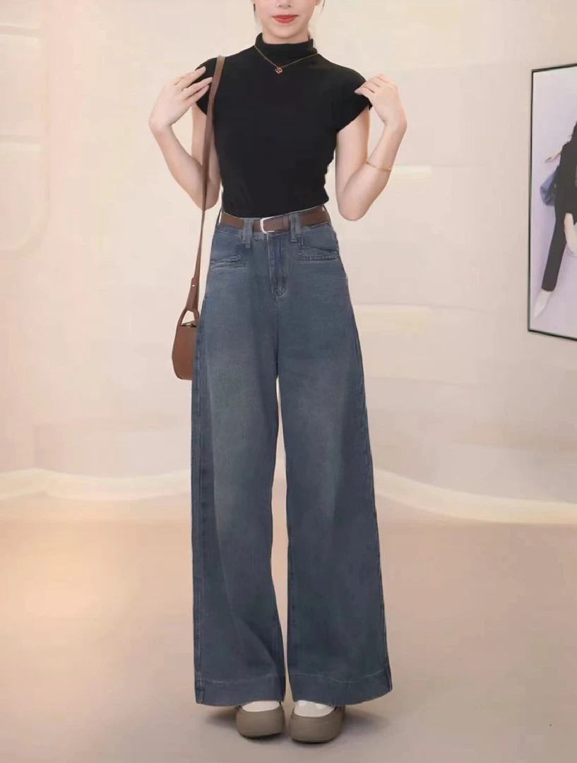 秋季复古韩版高腰显瘦阔腿牛仔裤新款宽松休闲百搭拖地长裤ins风