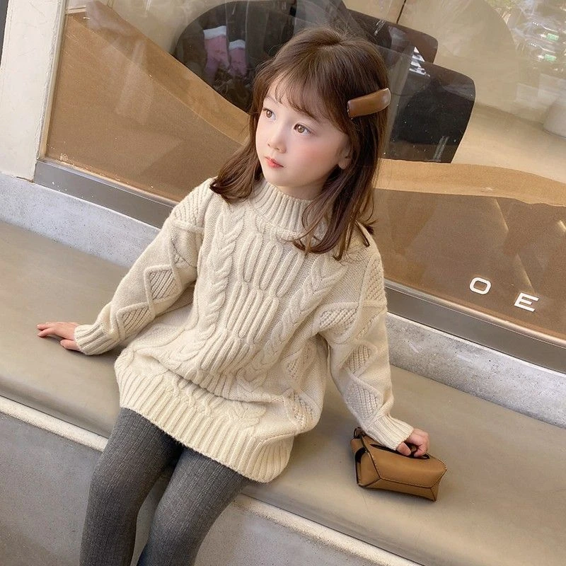 女童毛衣中长款小女孩秋冬新款宽松韩版针织衫儿童半高领上衣