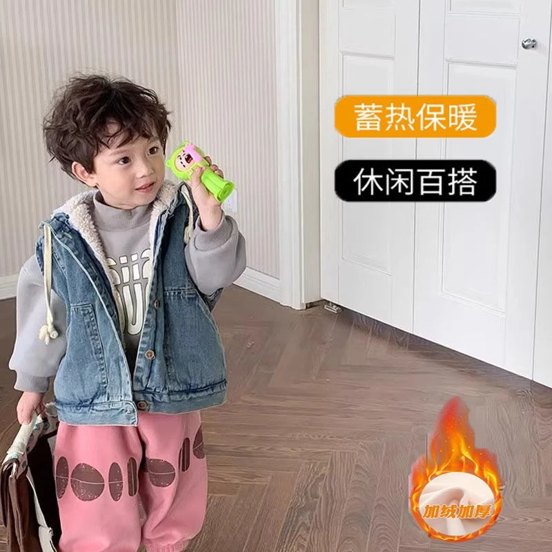 男童加绒马甲男宝儿童羊羔绒马夹背心冬季加厚保暖男宝宝牛仔外套