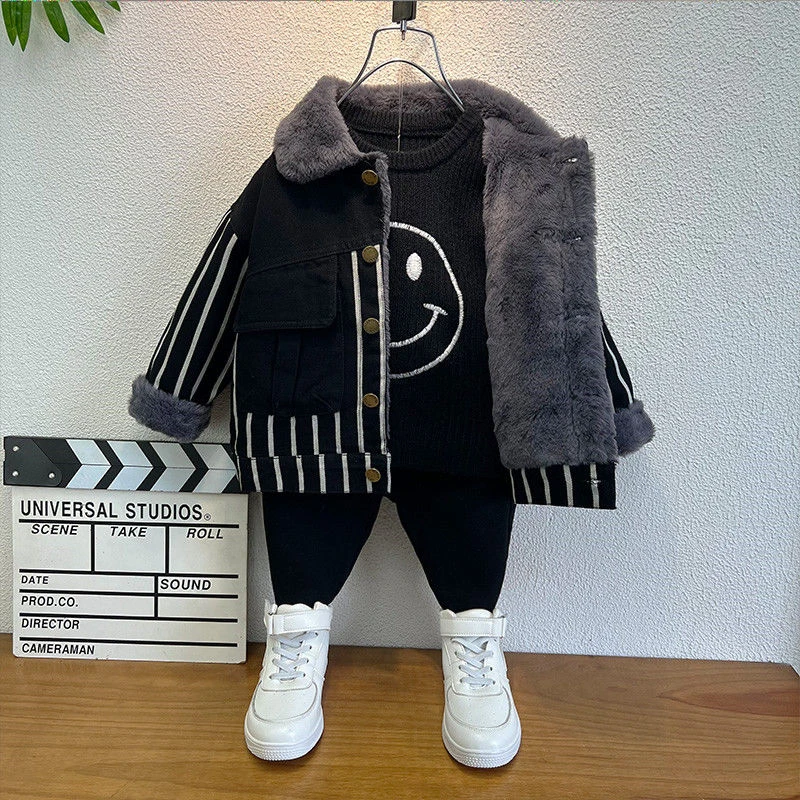 儿童加绒牛仔外套男孩新款宝宝秋冬季加厚衣服洋派炸街男童冬装