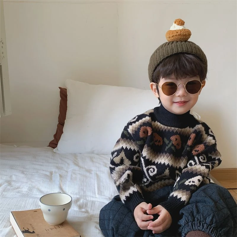 新款冬装男童半高领毛衣打底衫男孩复古加厚保暖针织套头洋气