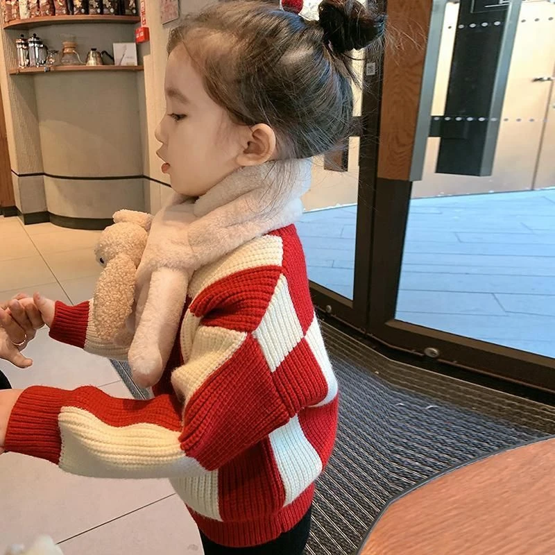 秋冬新款时尚洋气格子针织衫儿童宝宝加绒加厚上衣女童毛衣潮