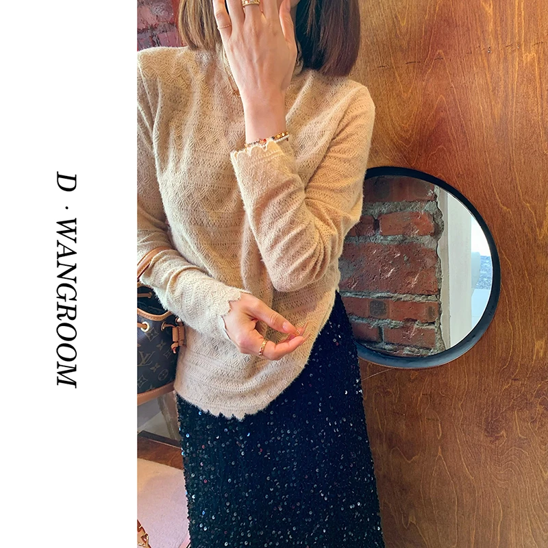 丁小晗【花蕾】花边蕾丝显瘦气质内搭长袖上衣半高领修身打底衫M599